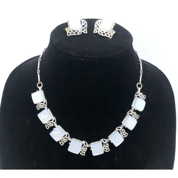 Vintage CORO Necklace Blue Square Lucite Moonglow Necklace and Clip Earrings - Picture 1 of 8
